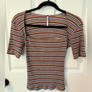Free People Striped Square Neck Ribbed Knit Top - Multi-Color - Size M